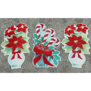 VTG Eureka USA Flocked Poinsettia Die Cuts – 15” Holiday Wall Decor Candy Canes